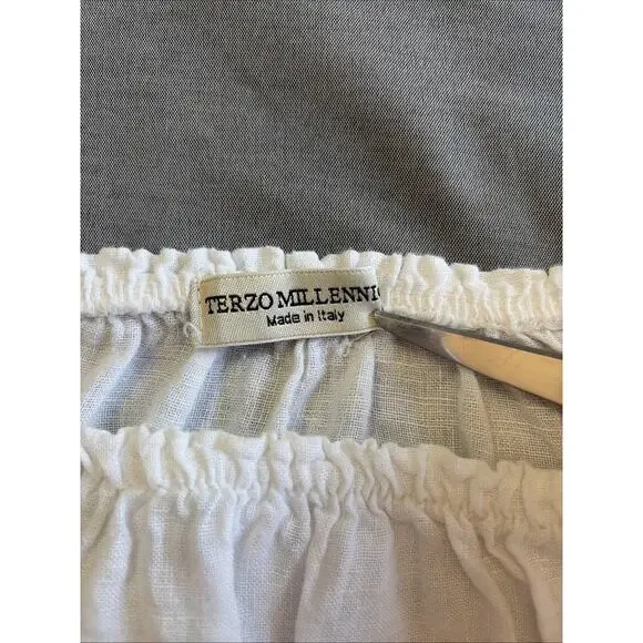 Terzo Millennio Italy White 100% Linen Blouse L Ruffle Hem Boho Top Shirt - Picture 3 of 9